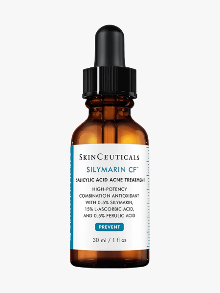 SkinCeuticals Silymarin CF in branded dropper component on a light gray background